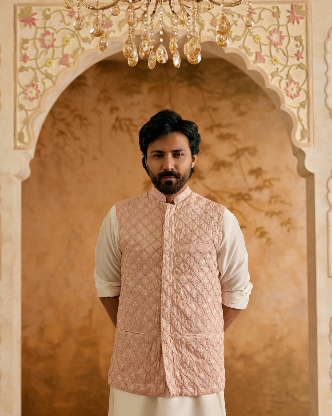 Peach Brocade Nehru Jacket with Kurta Set - Set of 3