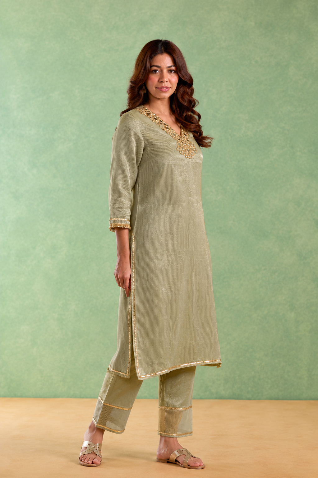Sage Mirror Embroidered Chanderi Stripe Kurta Set - Set of 2
