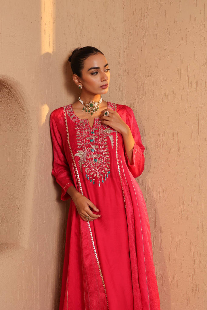 Rosy Fuchsia Anarkali with Flared Pants and Dupatta - Set of 3