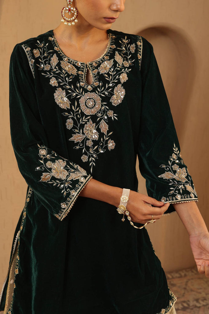 Emerald Floral Zari Velvet Kurta with Sharara and Dupatta - Set of 3
