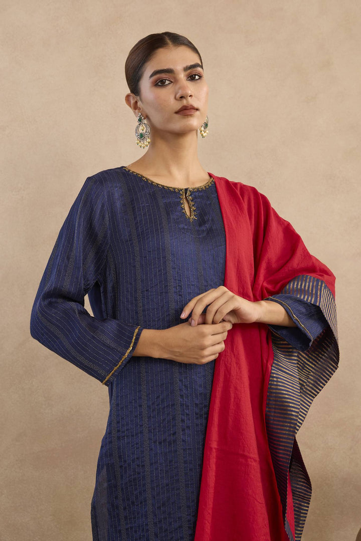 Navy Rose Charm Silk Chanderi Kurta with Narrow Pants - Set of 3