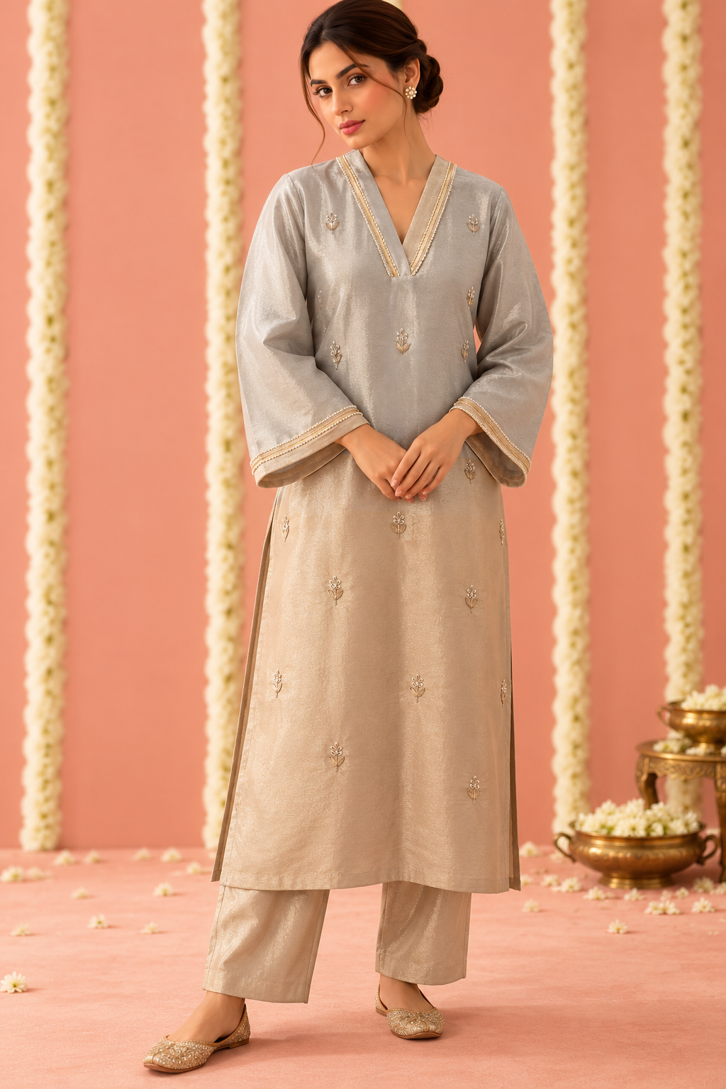White Gold Blooming Tissue Kurta Set - Set of 2