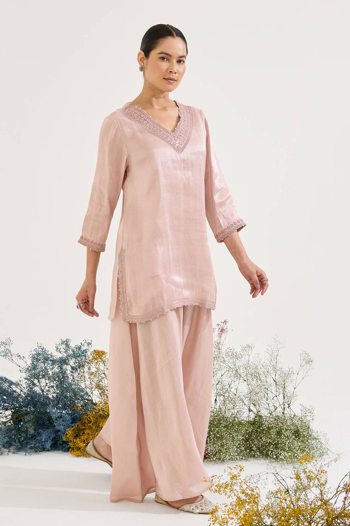Old Pink Charm Tissue Kurta with Sharara - Set of 2