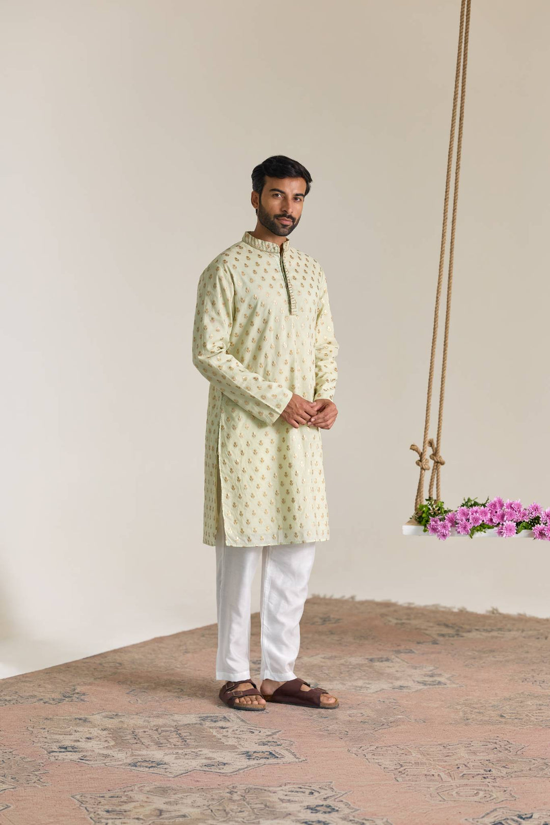 Mint Buta Brocade Embroidered Kurta with Narrow Pants