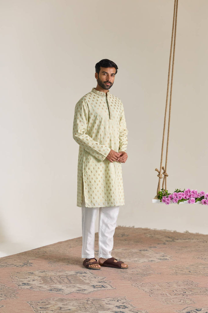 Mint Buta Brocade Embroidered Kurta with Narrow Pants