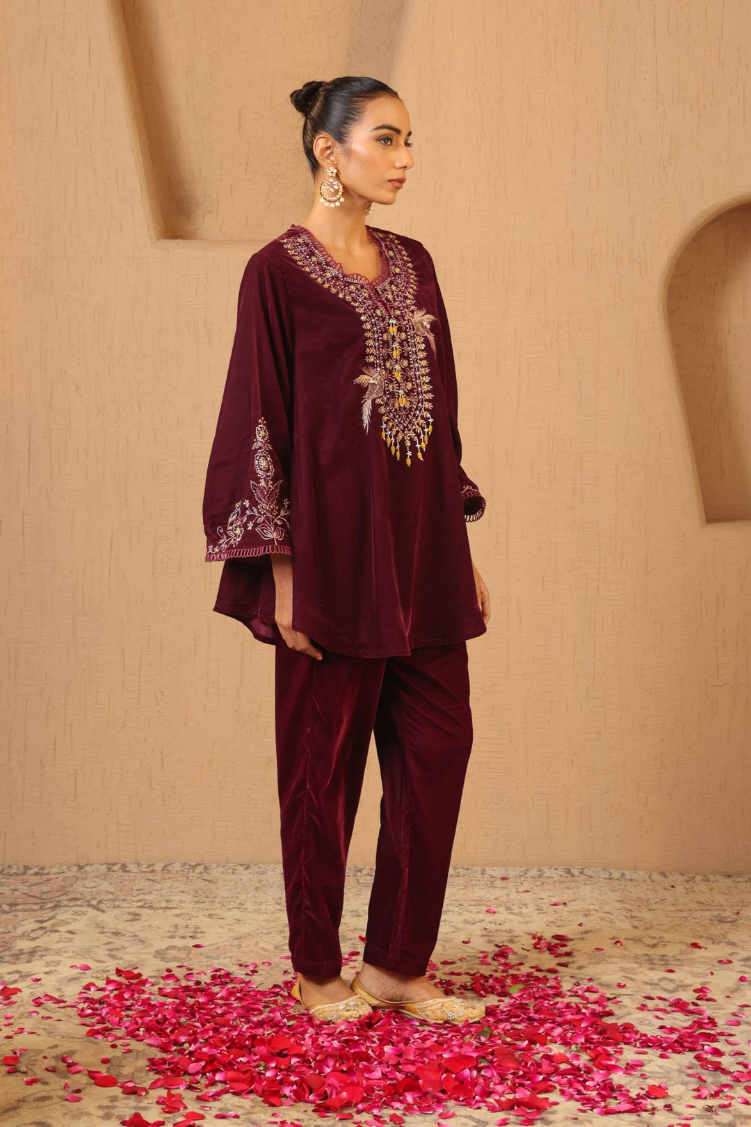 Wine Zari Charm Velvet Tunic with Narrow Pants