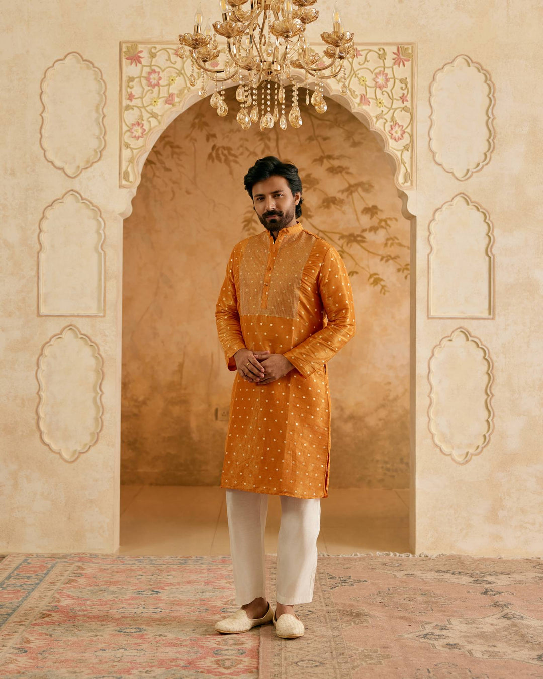 Orange Zari Brocade Kurta with Narrow Pants - Set of 2