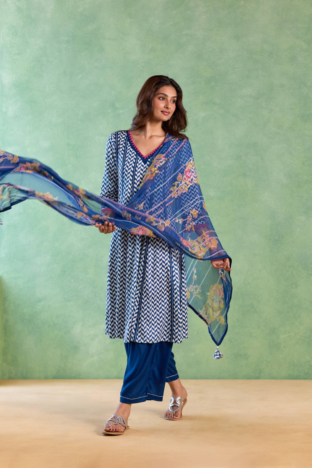 Navy Beaded Chevron Anarkali with Flared Pants and Dupatta - Set of 3