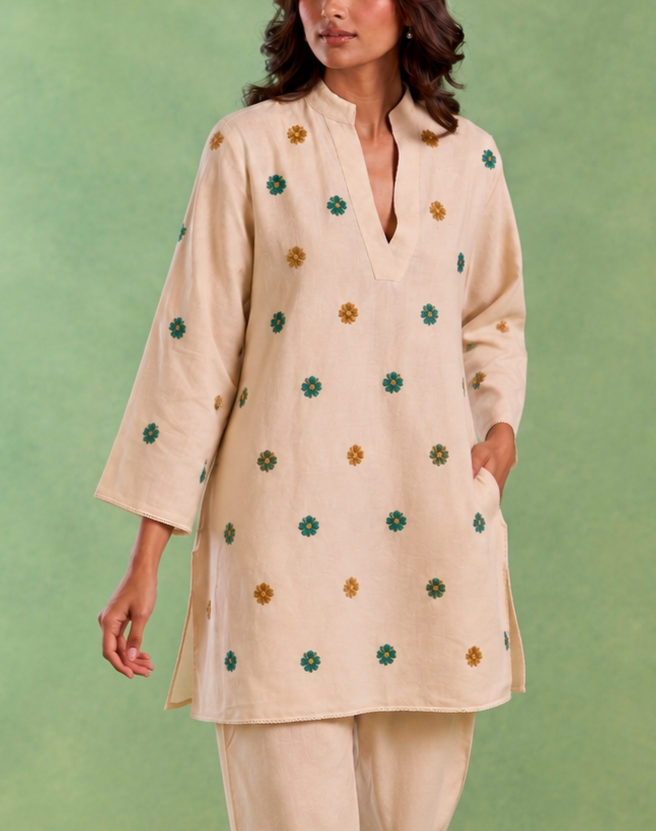 Ivory Flora Embroidered Handloom Cotton Co-ord Set
