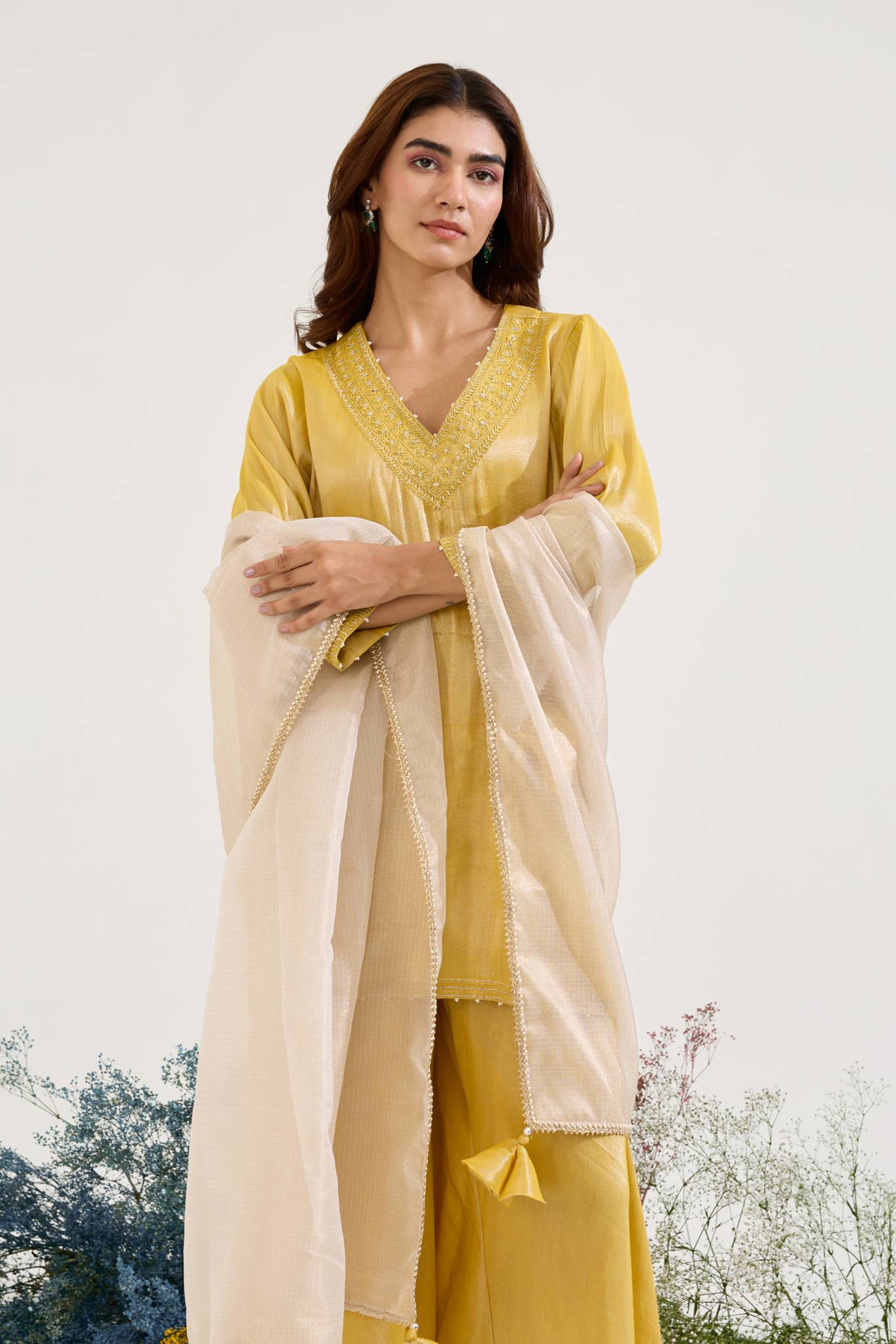 Old Yellow Charm Tissue Kurta with Sharara and Dupatta - Set of 3