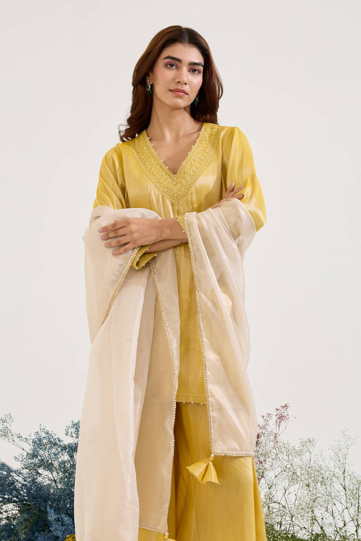 Old Yellow Charm Tissue Kurta with Sharara and Dupatta - Set of 3