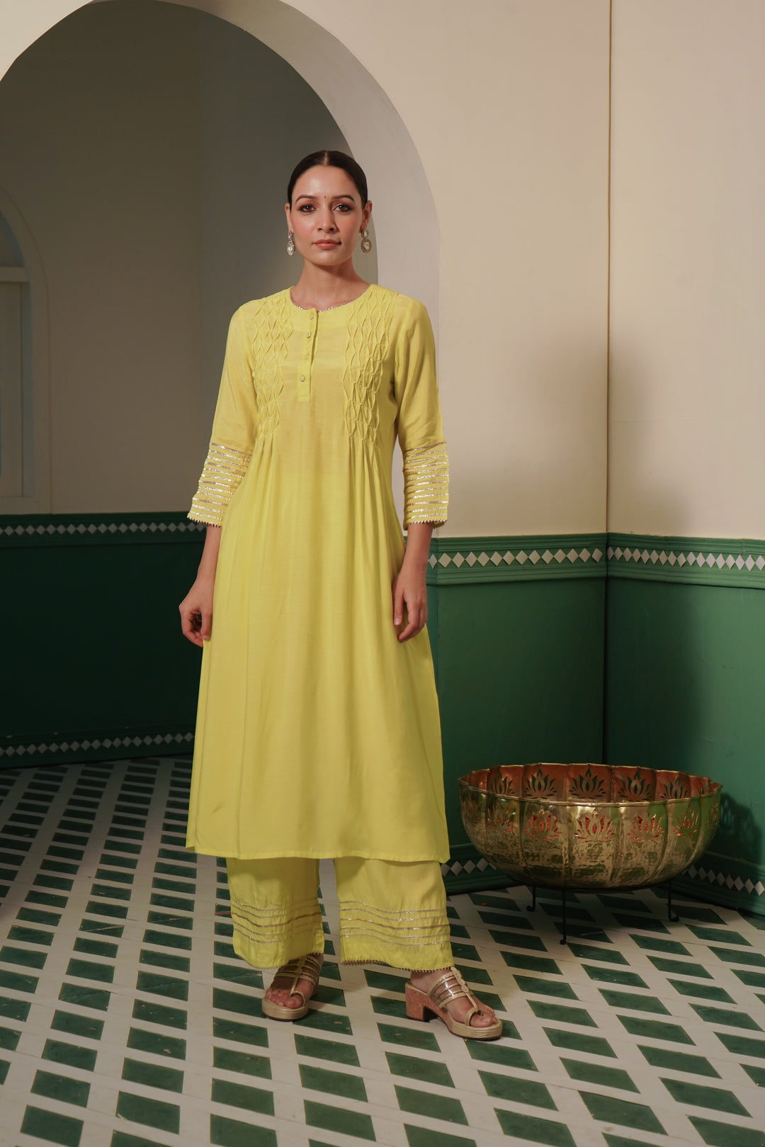 Pearl Neon Kurta Set with Wide Leg Pants & Dupatta - Set of 3