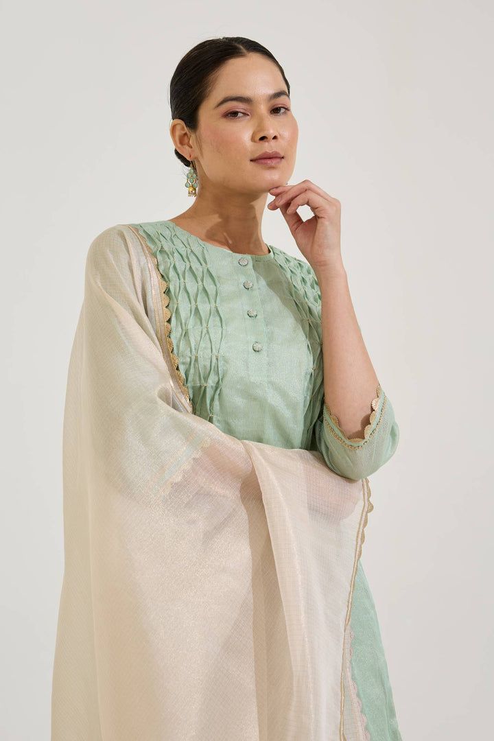 Mint Gold Chanderi Stripe Kurta with Wide Leg Pants and Dupatta - Set of 3