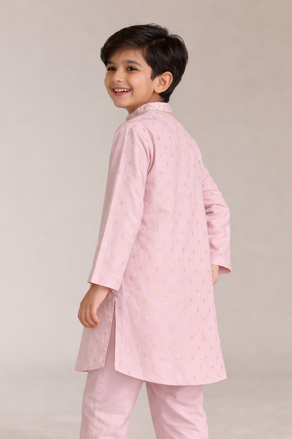 Boys Pink Buta Brocade Embroidered Kurta Set