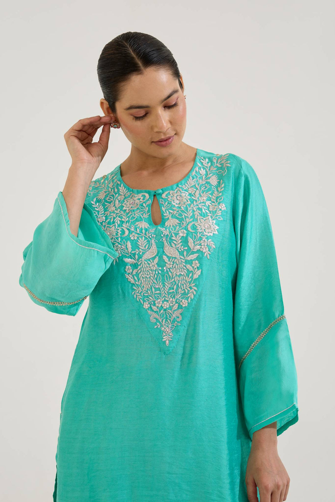 Aqua Green Zari Kurta with Farsi Salwar and Dupatta - Set of 3