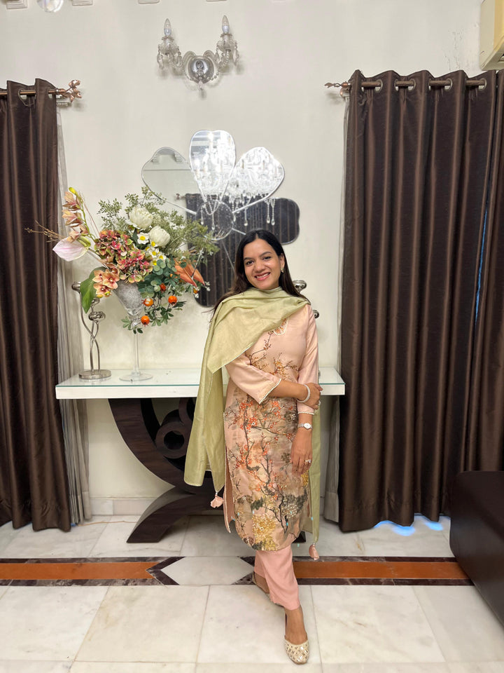 Peach Floral Embroidered Kurta Set with Dupatta - Set of 3