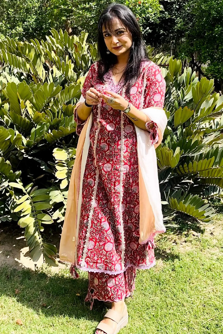 Rosy Chintz Cutwork Kurta with Wide Leg Pants - Set of 2