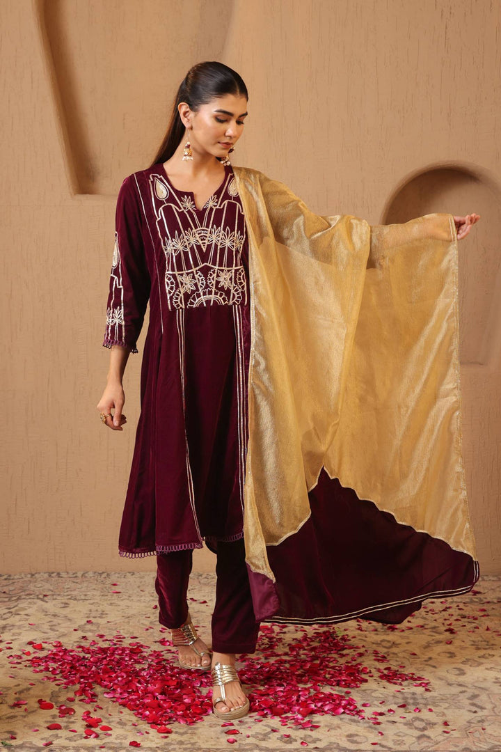 Wine Gota Velvet Anarkali with Narrow Pants and Scallop Dupatta - Set of 3