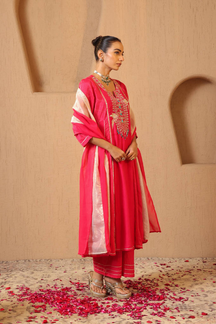 Rosy Fuchsia Anarkali with Flared Pants and Dupatta - Set of 3