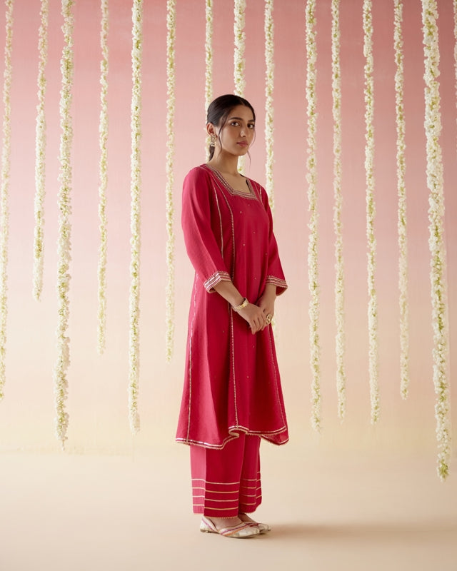 Hibiscus Pink Kurta with Straight Leg Pants - Set of 2