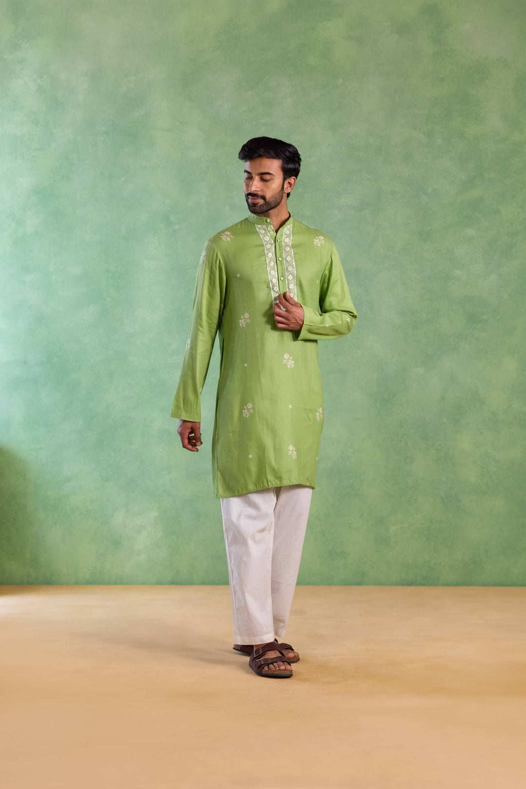 Sage Floral Buta Embroidered Kurta with Narrow Pants