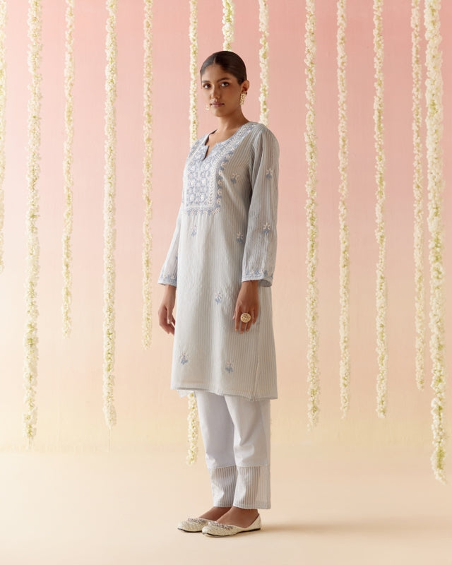 Misty Blue Tissue Kurta with Narrow Pants - Set of 2