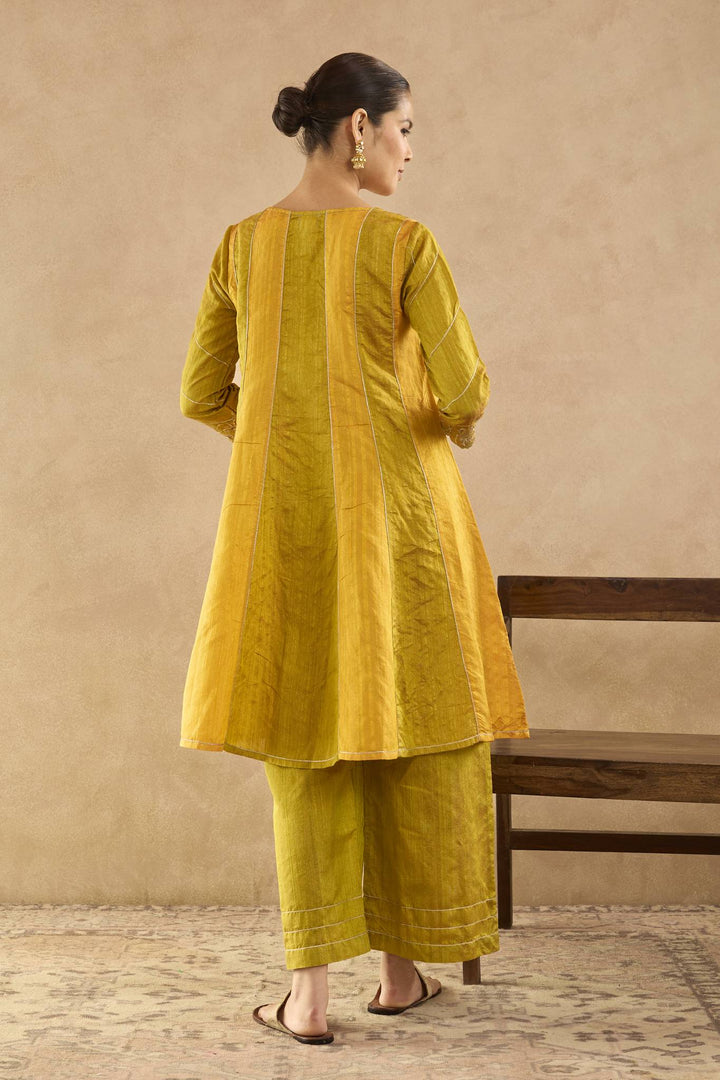 Olive Yellow Zari Anarkali with Wide Leg Pants and Scallop Dupatta - Set of 3