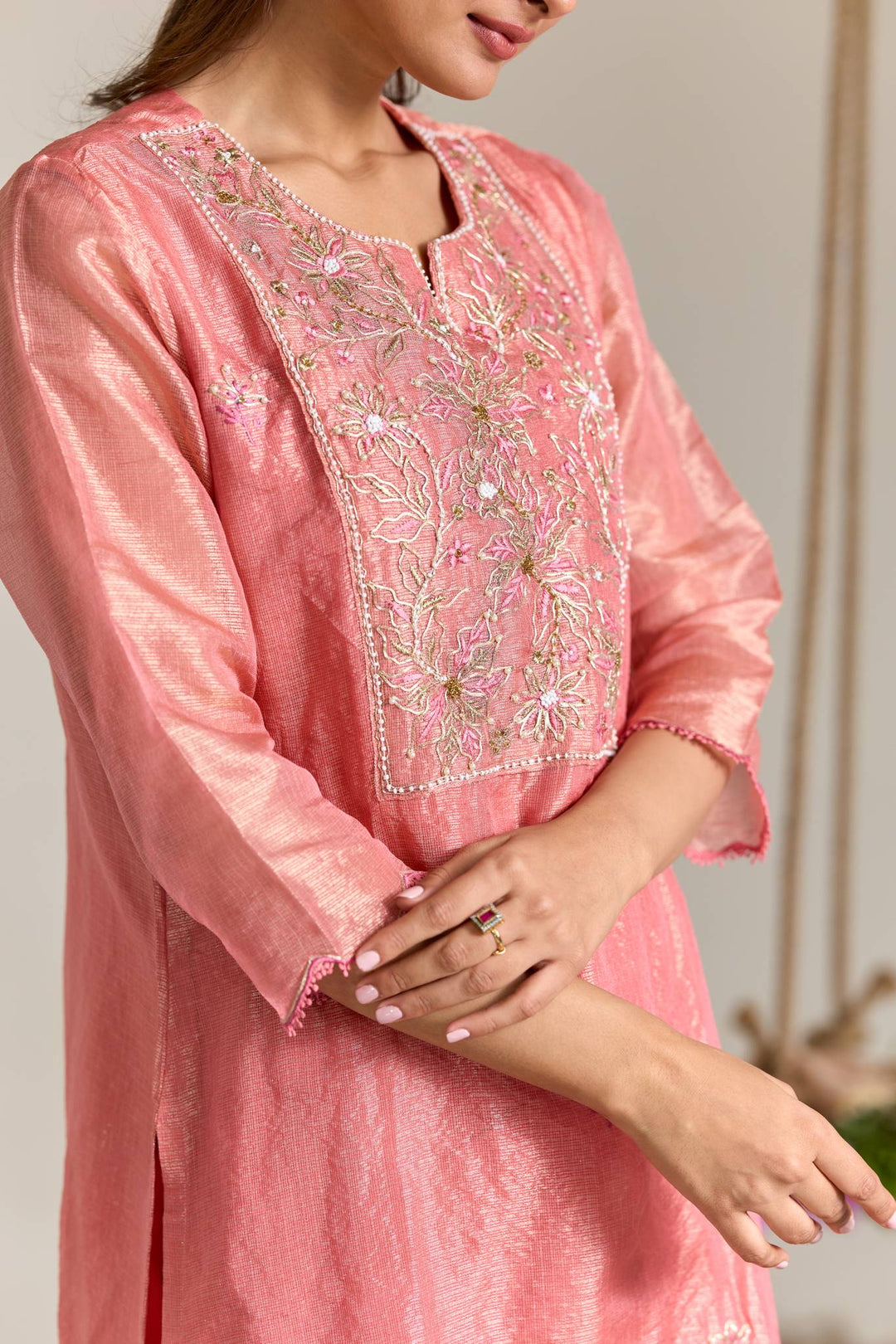 Blossom Pink Dori Embroidered Kota Tissue Kurta Set with Dupatta - Set of 3