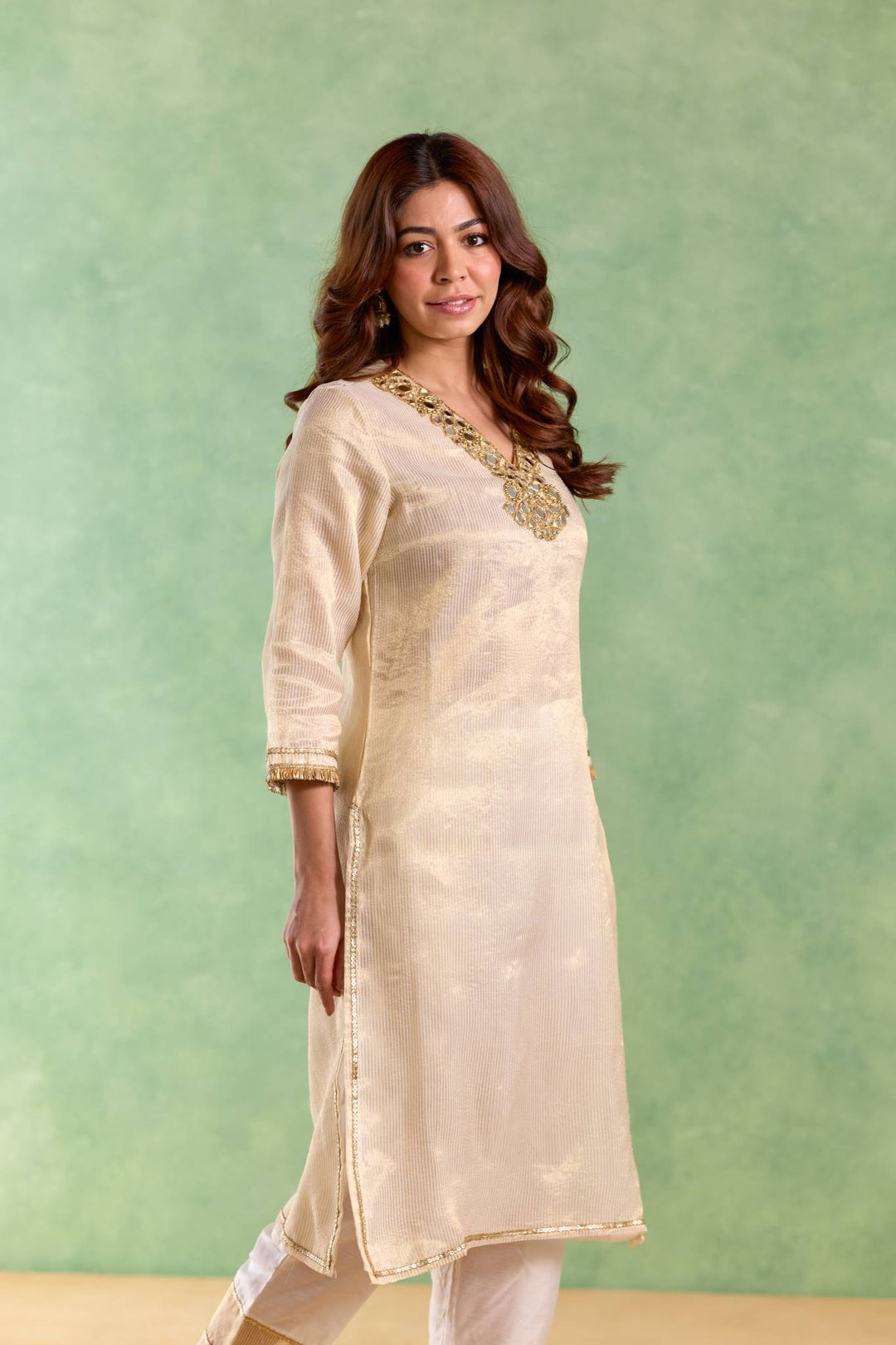 Gold Mirror Embroidered Chanderi Stripe Kurta Set with Floral Chintz Dupatta - Set of 3