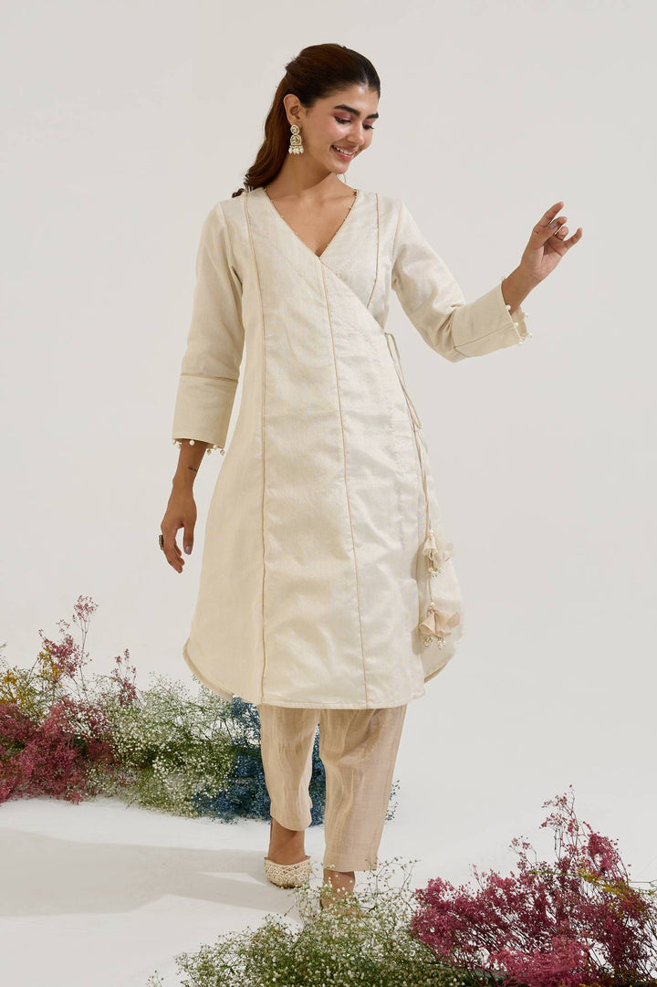 Pearl White Chanderi Stripe Angrakha with Narrow Pants - Set of 2