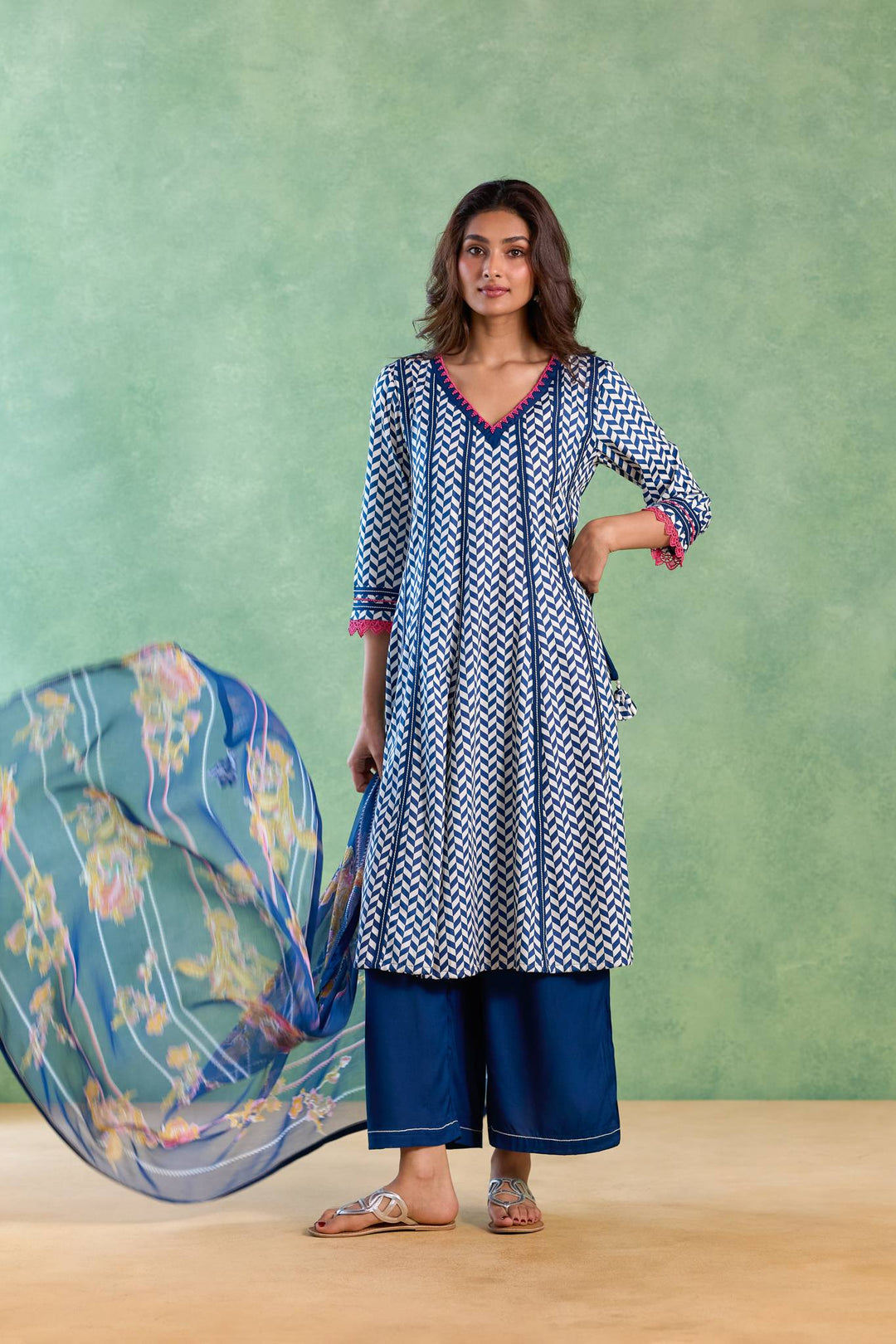 Navy Beaded Chevron Anarkali with Flared Pants and Dupatta - Set of 3