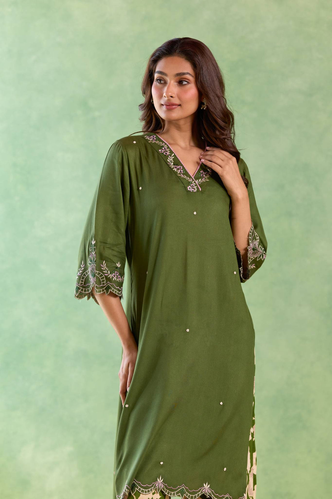 Moss Petal Scallop Kurta with Flared Pants and Dupatta - Set of 3
