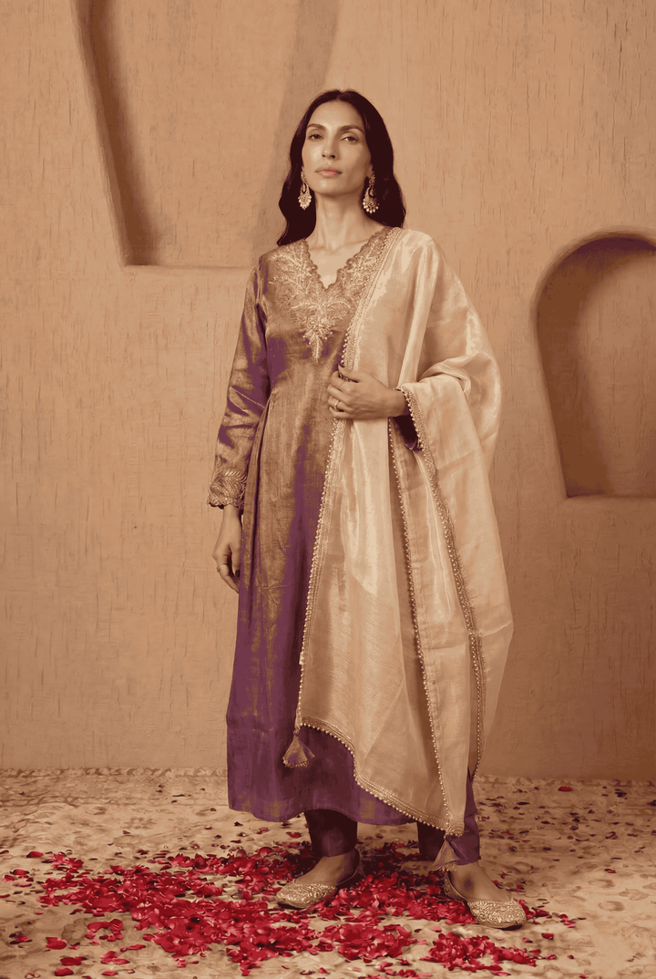 Purple Dori Zari Tissue Kurta with Narrow Pants and Dupatta - Set of 3