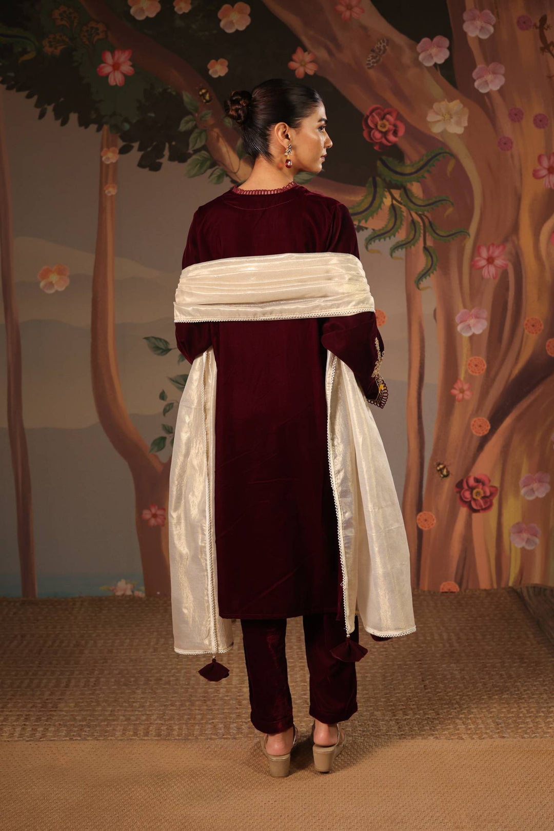 Wine Dori Embroidered Kurta with Narrow Pants and Dupatta - Set of 3