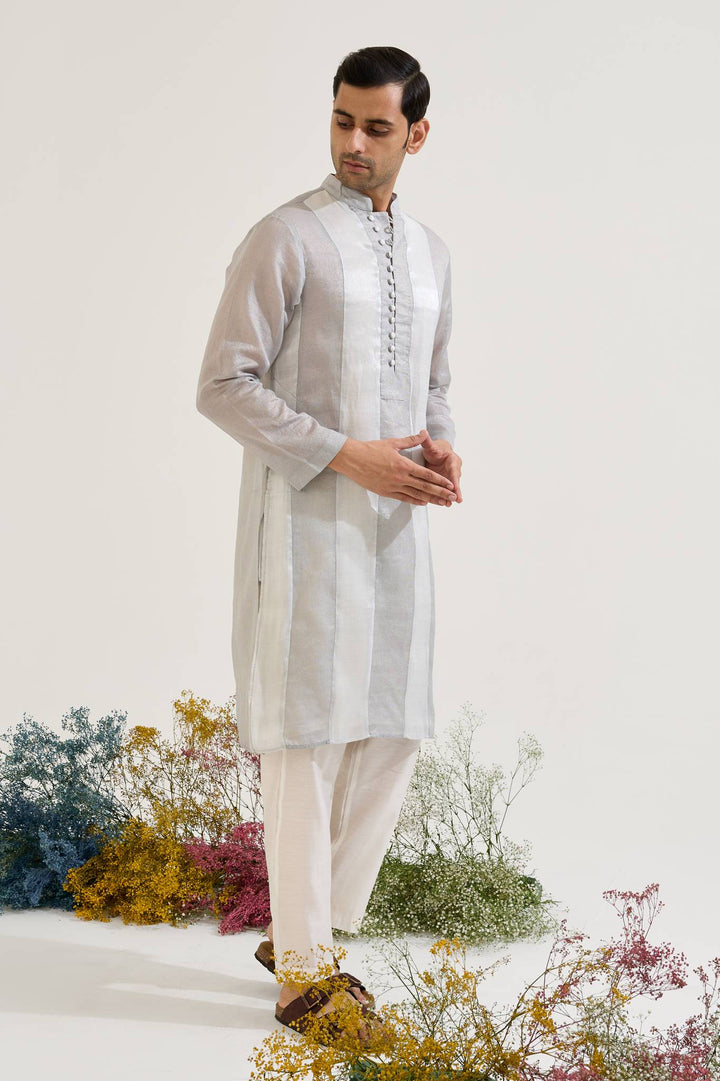 Blue Silver Panel Chanderi Stripe Kurta