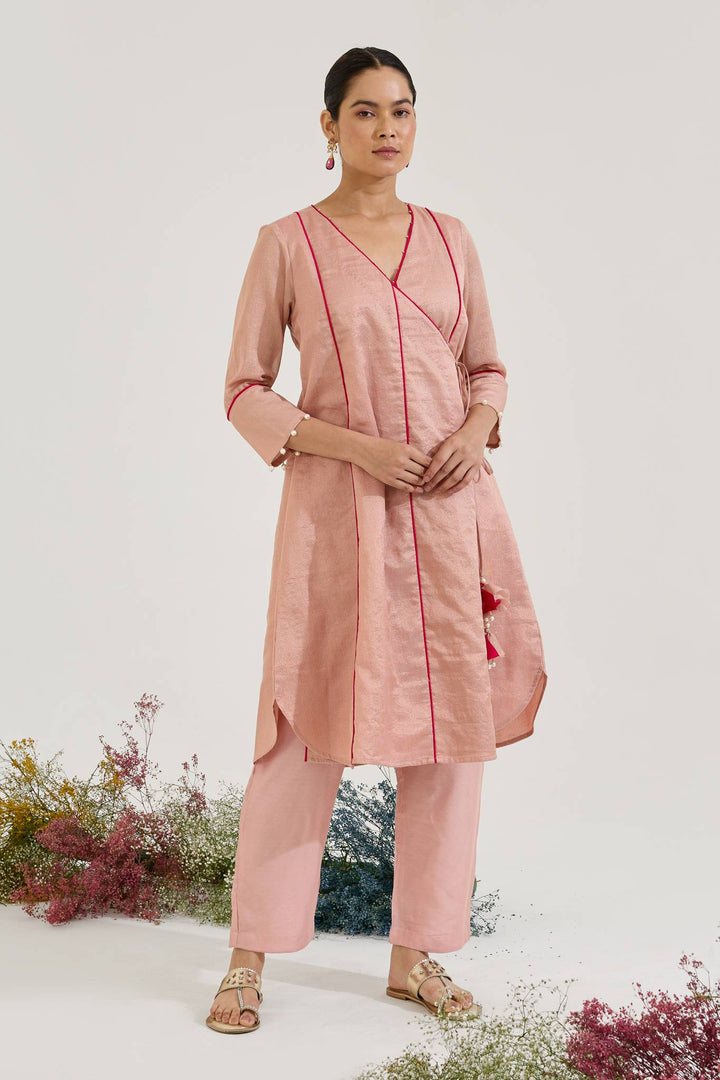Pearl Pink Chanderi Stripe Angrakha with Narrow Pants and Dupatta - Set of 3
