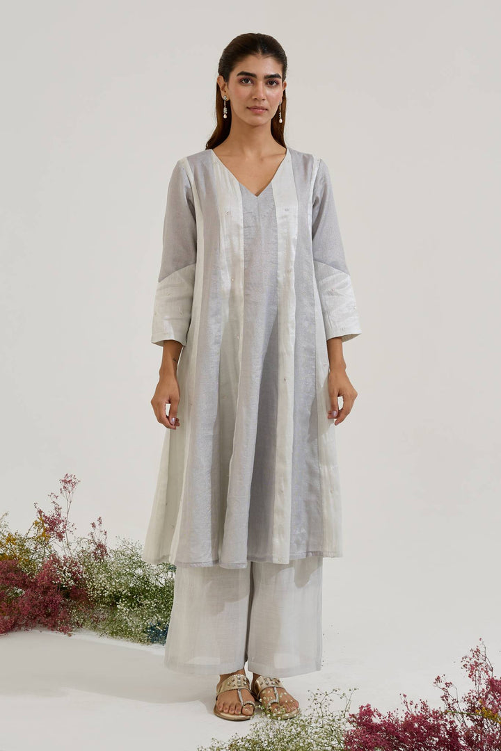Silver Rose Panel Anarkali with Wide Leg Pants and Dupatta - Set of 3