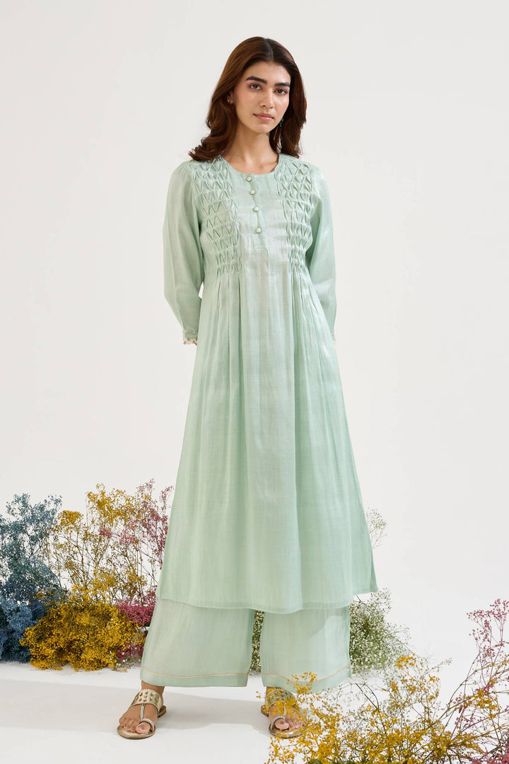 Mint Pearl Pintuck Tissue Kurta with Wide Leg Pants and Dupatta - Set of 3