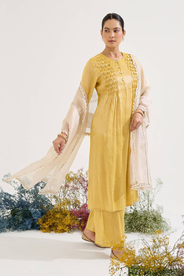 Golden Pearl Pintuck Tissue Kurta with Wide Leg Pants and Dupatta - Set of 3