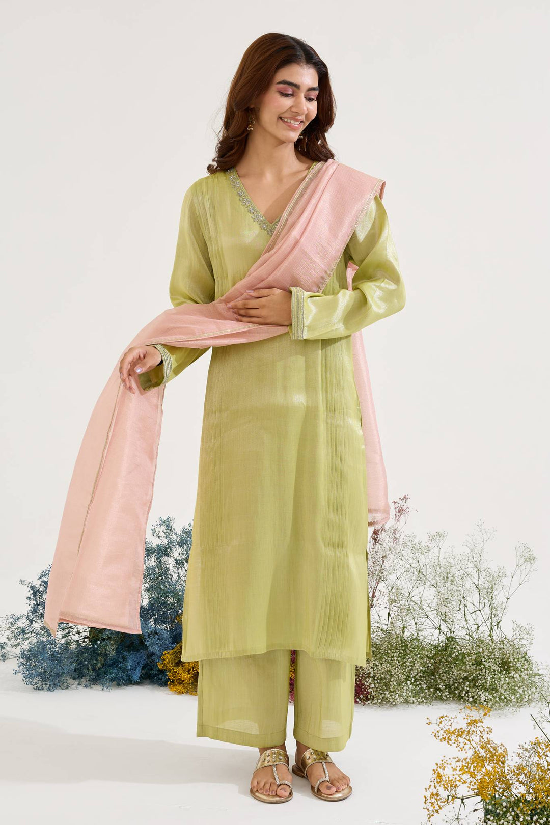 Lime Dori Tissue Kurta with Wide Leg Pants and Dupatta - Set of 3
