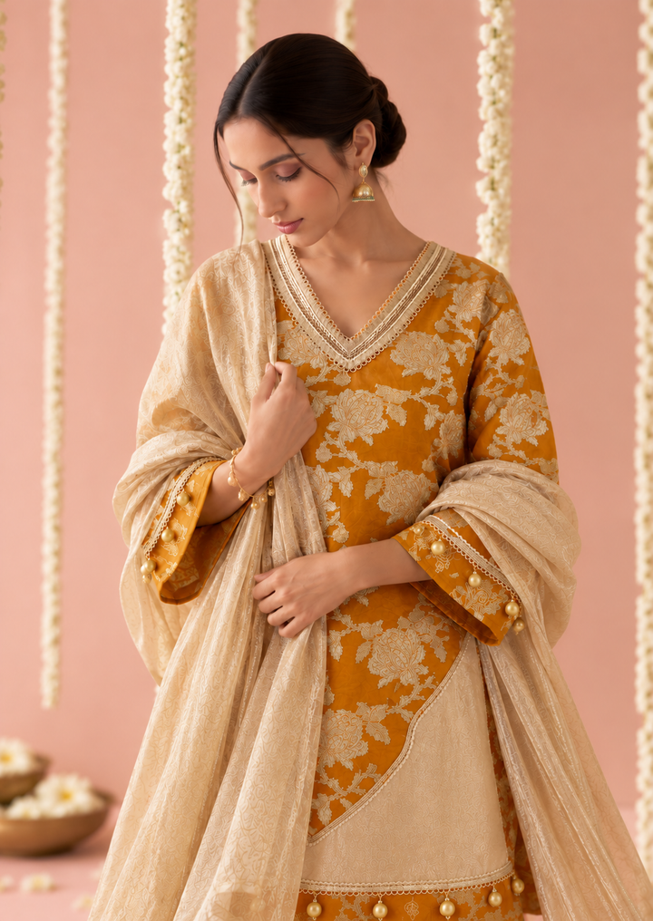 Amber Jaal Chanderi Brocade Kurta Set with Dupatta - Set of 3