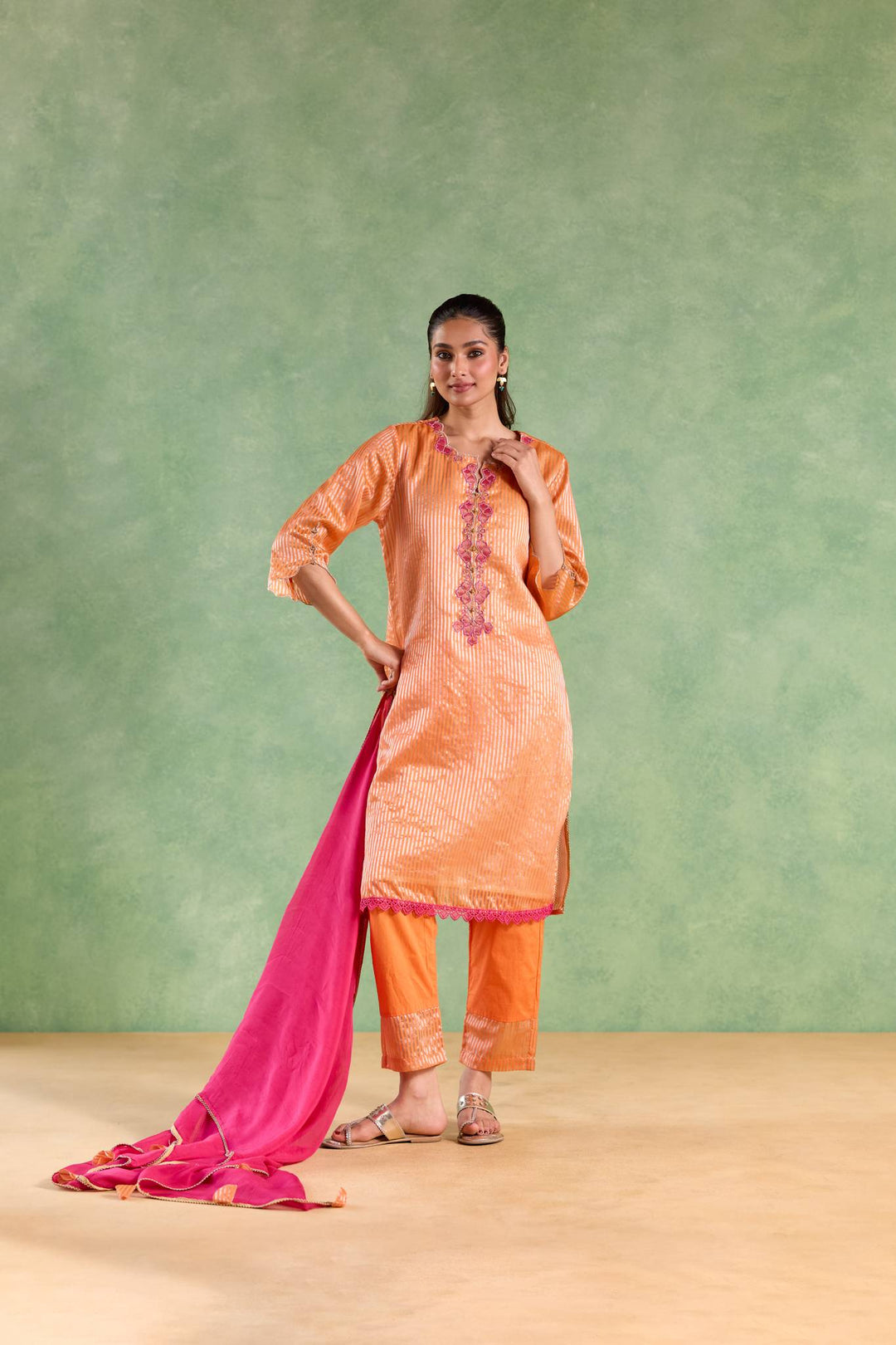 Orange Scallop Zari Kurta with Narrow Pants and Dupatta - Set of 3