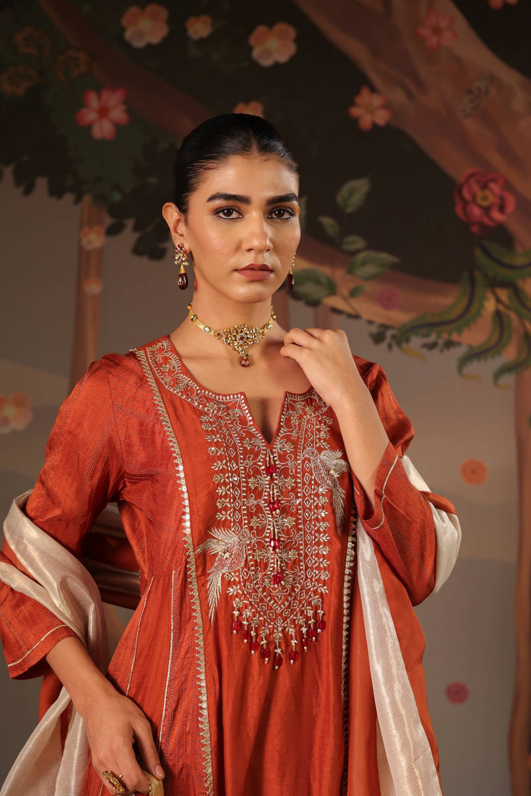 Rustic Rose Anarkali with Flared Pants- Set of 2