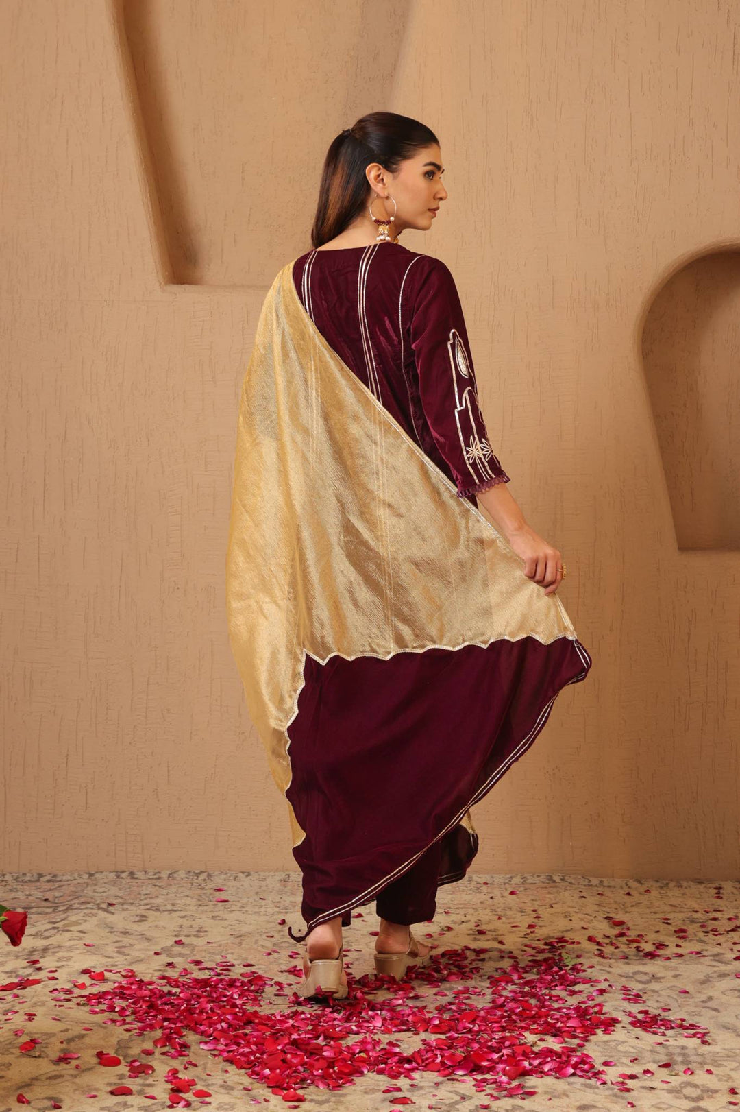 Wine Gota Velvet Anarkali with Narrow Pants - Set of 2