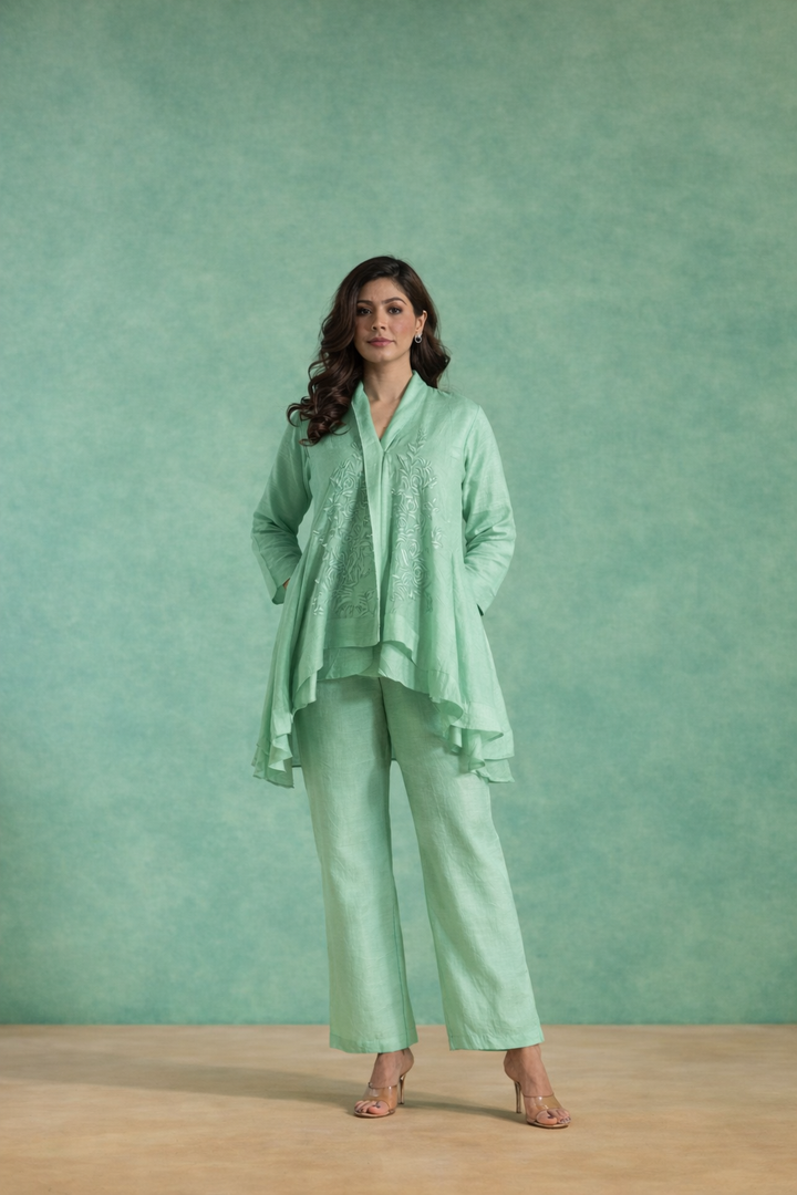Mint Charm Embroidered Chanderi Kurta with Straight Pants and Slip - Set of 3