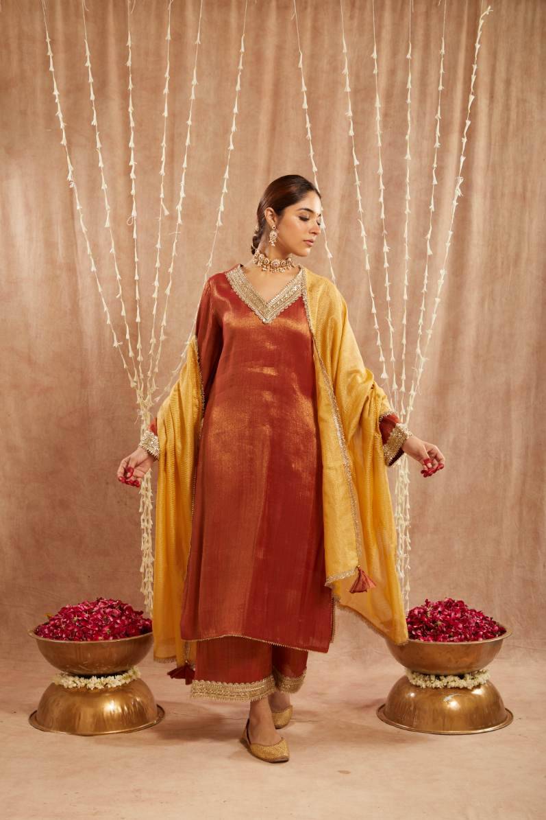 Rust Sequins Gota Tissue Kurta with  Wide Leg Pants and Dupatta - Set of 3