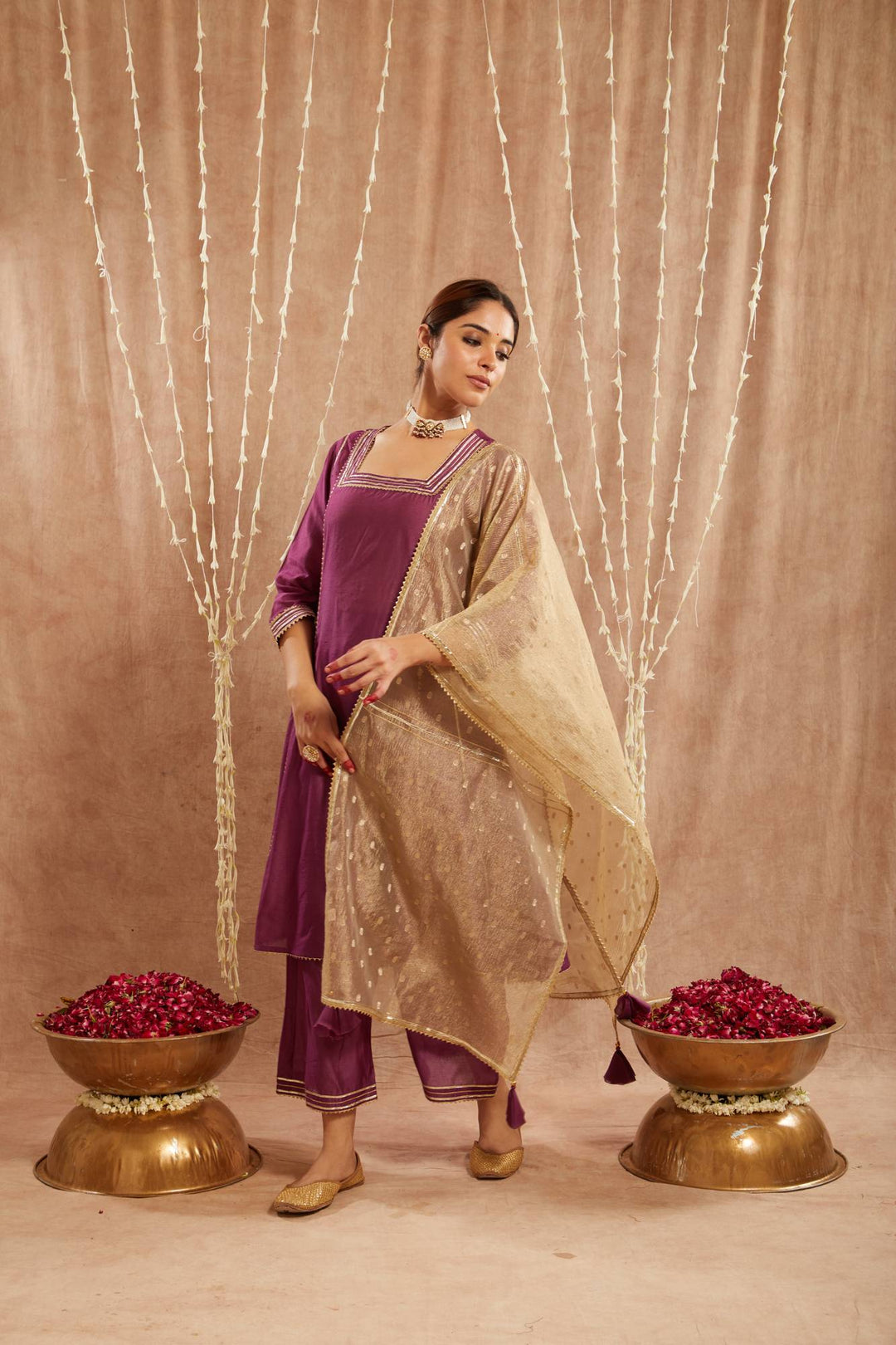 Iris Purple Gota Kurta with Narrow Pants and Dupatta - Set of 3