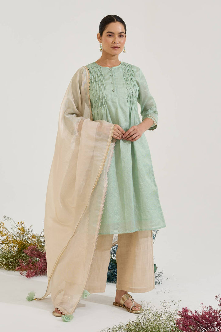 Mint Gold Chanderi Stripe Kurta with Wide Leg Pants and Dupatta - Set of 3