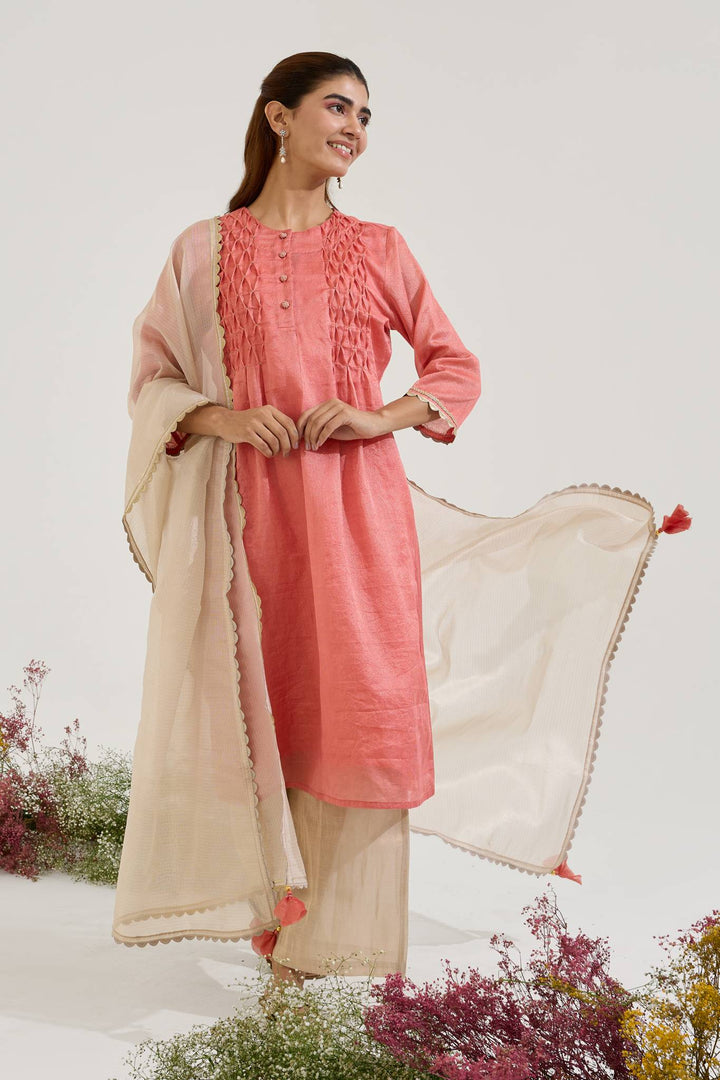 Red Gold Chanderi Stripe Kurta with Wide Leg Pants and Dupatta - Set of 3