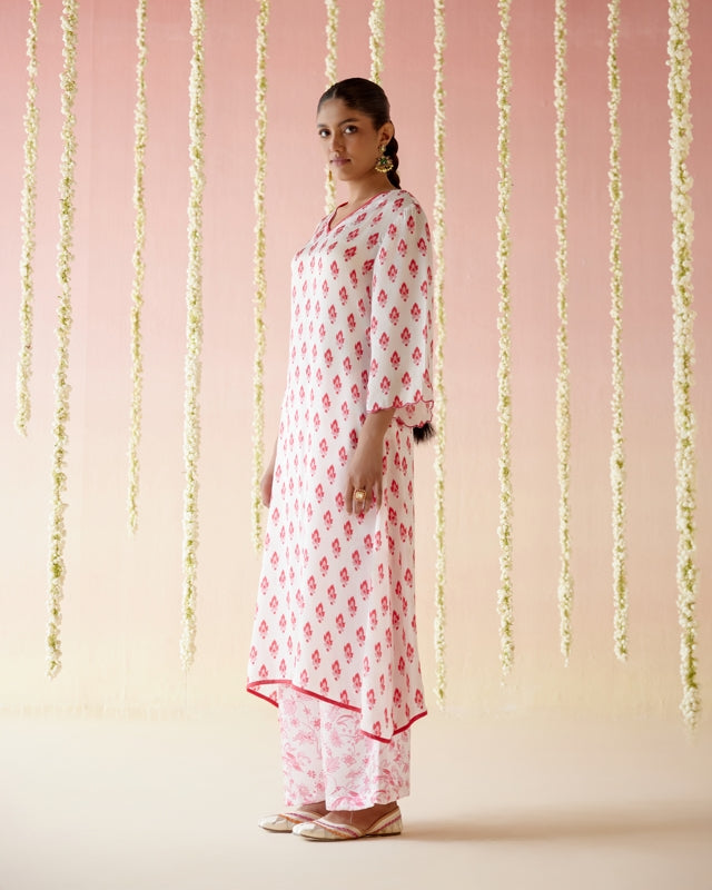 Raspberry A-Line Long Kurta with Wide Leg Pants- Set of 2